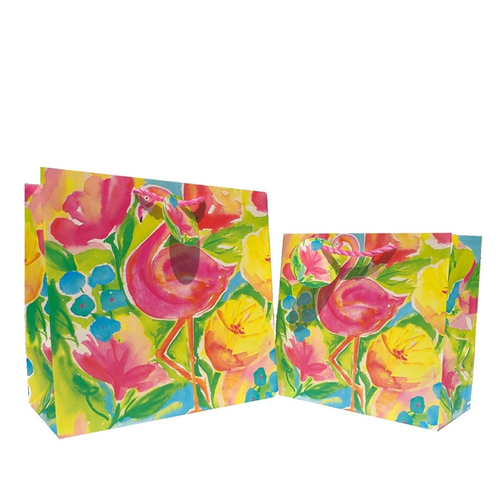 Glitter Embellished Bright Watercolor Pink Flamingo Gift Bags, Set of 2 (Sm/Med)
